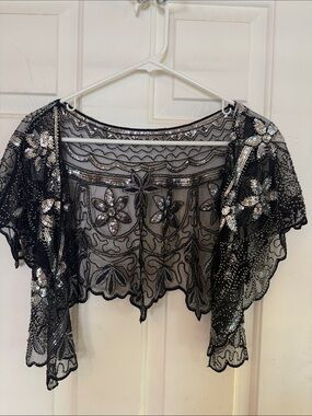 NWT Retro Stage 1920s Flapper Sequin Beaded Mesh Capelet Shrug Black Silver OS